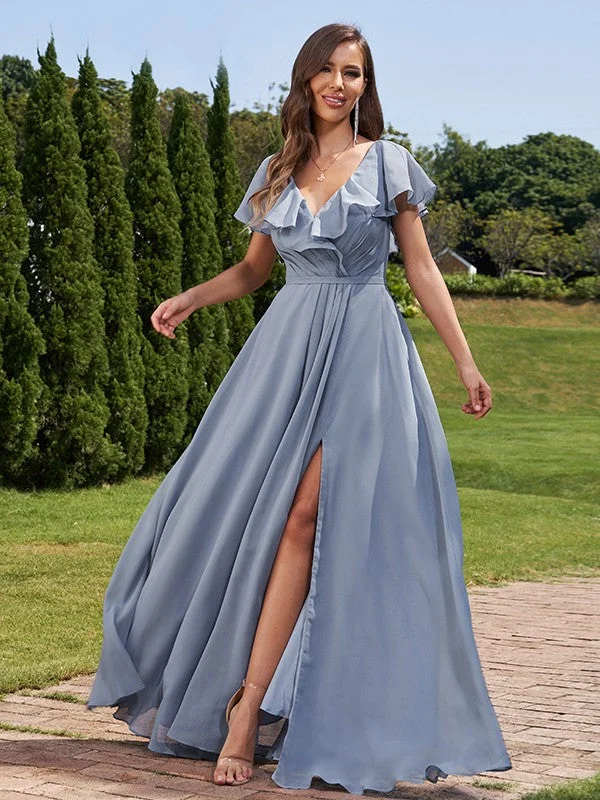 Charming Everyday Clothing For Women Sophisticated Cut A-Line/Princess Chiffon Ruched V-Neck Short Sleeves Floor-Length Bridesmaid Dresses