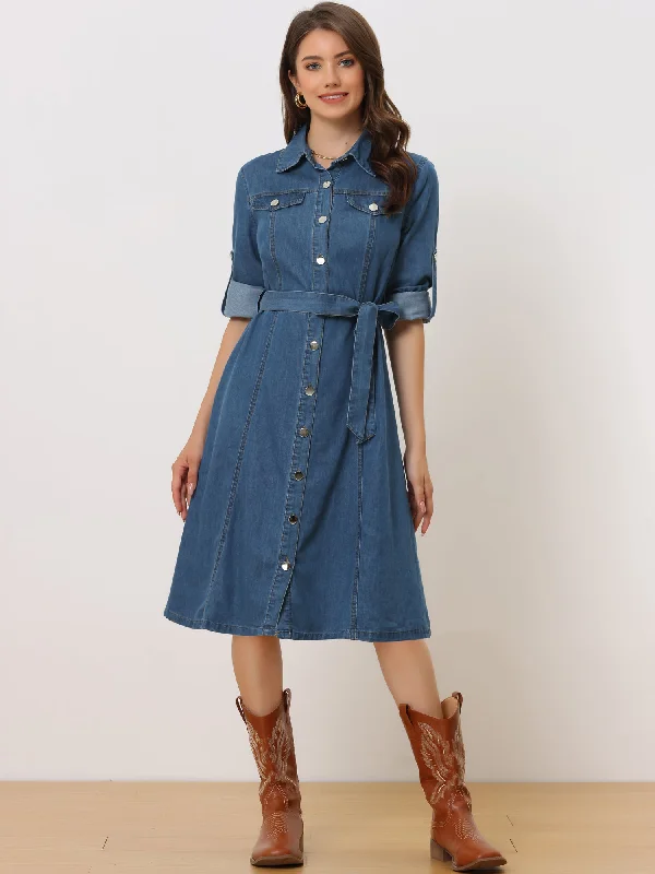 Women's Office Clothing Now on Sale for Chic Urban Styles Denim Button Down Long Sleeve Belted Classic Jean Shirt Dress