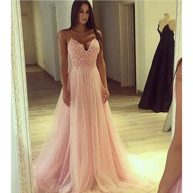 Chic Women's Outfit Contemporary Elegance Pink Spaghetti Straps A Line Tulle Prom Dress Long Formal Gown