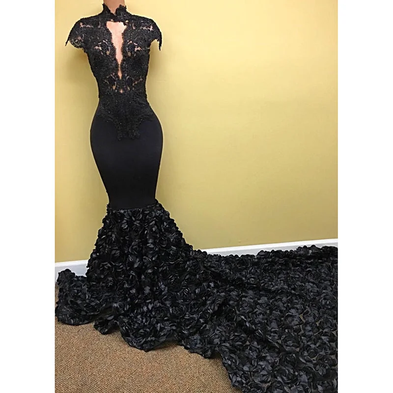 Vintage-Inspired Women's Apparel Flash Deals Luxury Black Flowers Rose Mermaid African Women Evening Dresses Prom Gown 2018 vestido de noche