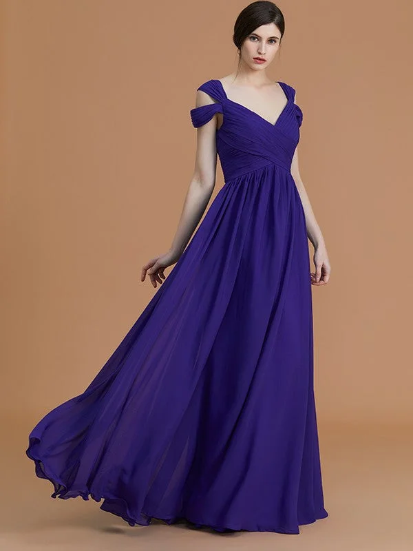 Women's Athletic Clothes Clearance Event A-Line/Princess Off-the-Shoulder Sleeveless Floor-Length Ruched Chiffon Bridesmaid Dresses