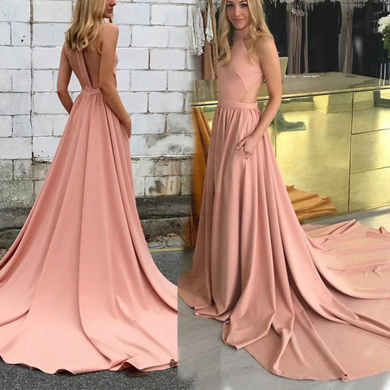 Women's Seasonal Apparel Score Big on Glamorous Red - Carpet Styles LP4887 Halter Coral Pink A Line Evening Party Gown Formal 2018 homecoming prom