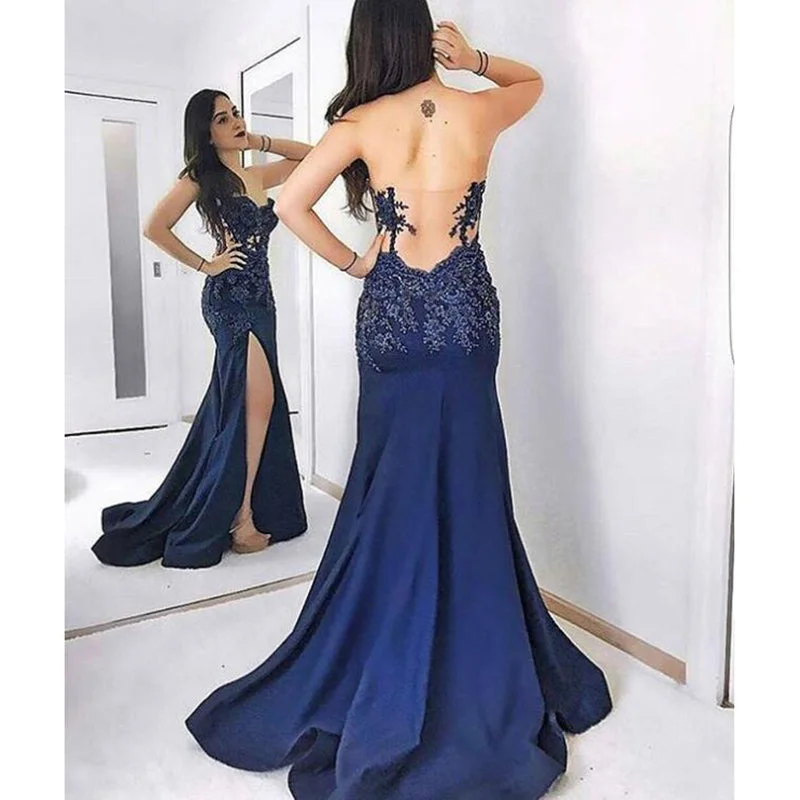 Women's Activewear Outfit Dreamy Draping Royal Blue Sexy Split Lace Appliques Long Evening Formal Gowns 2018 Prom Gown