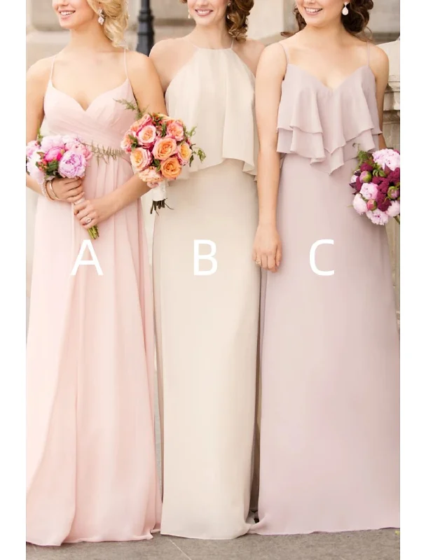 Women's Professional Garments Hollywood Glam Award - Show Style A-Line Bridesmaid Dress Halter Neck / Spaghetti Strap Sleeveless Elegant Floor Length Chiffon with Ruffles / Ruching