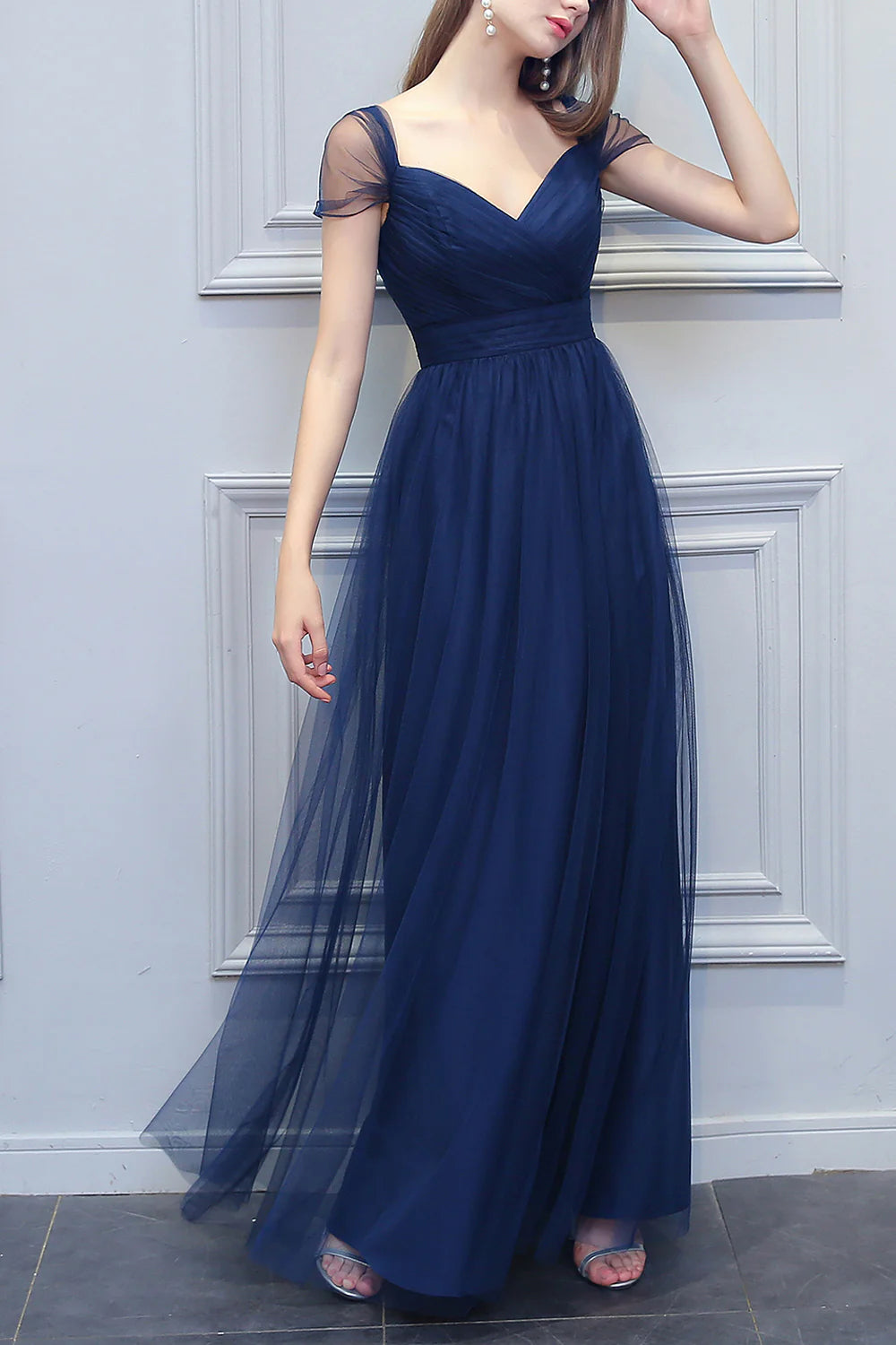 Women's Clothing With Trendy Designs Clearance Event A-line V-neck Long Tulle Bridesmaid Dress