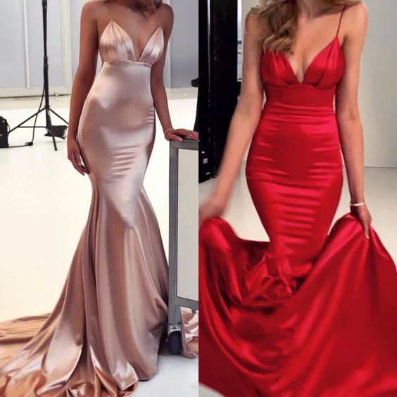 Women's Clothing Apparel Playful Elegance long satin mermaid plunge neck prom evening gown dresses  cg6206