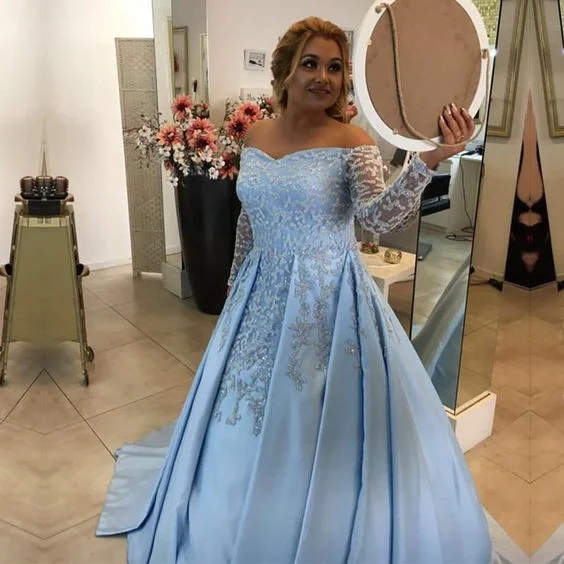 Women's Party Outfit Bold Patterns V Neck Off Shoulder Light Blue Satin Ball Gowns Evening prom Dress For Engagement Party  cg7215