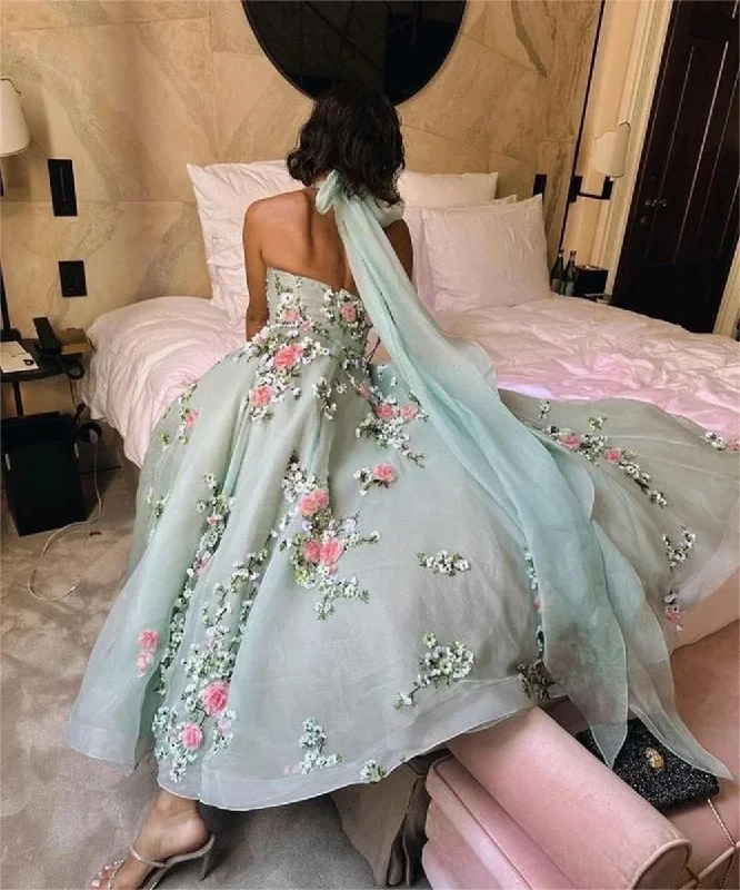 Women's Charming Outfit For Events Flash Deals Classy Ball Gown Halter Light Blue Tulle Lace Prom Dresses Evening Dress C3177