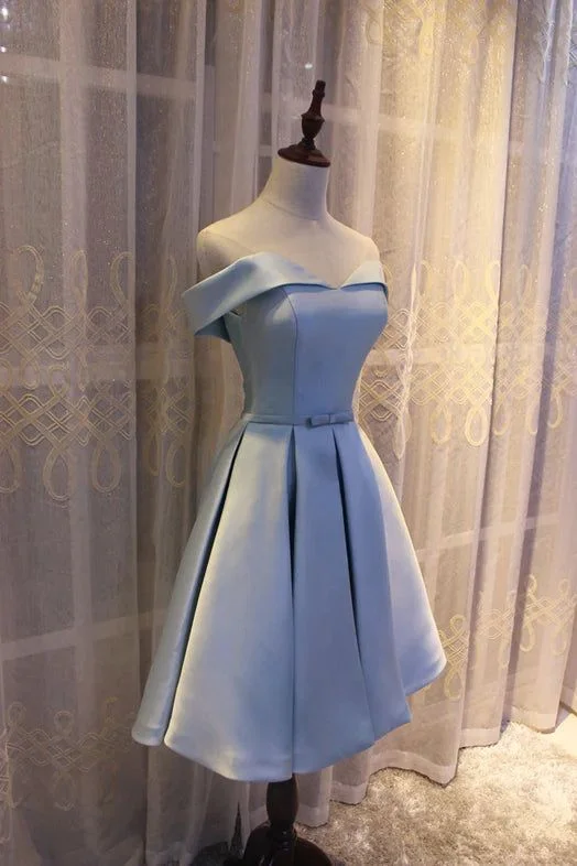 Women's Contemporary Clothing Romantic Detailing Light Blue Off Shoulder Satin Bridesmaid Dress, Blue Short Formal Dress       S3233