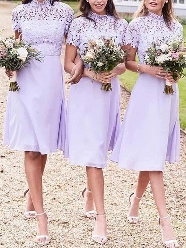 Women's High-Fashion Attire Contemporary Elegance A-Line/Princess Chiffon Lace High Neck Short Sleeves Knee-Length Bridesmaid Dresses