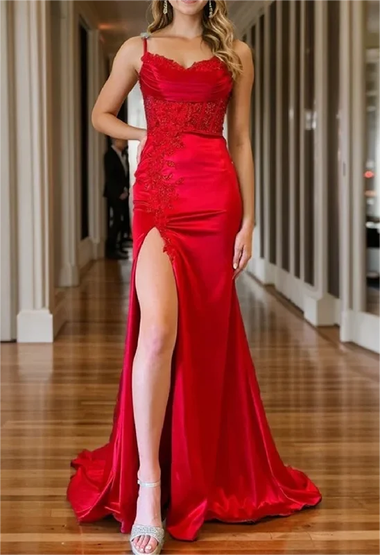 Women's Evening Attire Charming Silhouette Women Red Appliques Prom Dresses Long Side Slit Evening Gowns Beaded Formal Party Dress YPD719