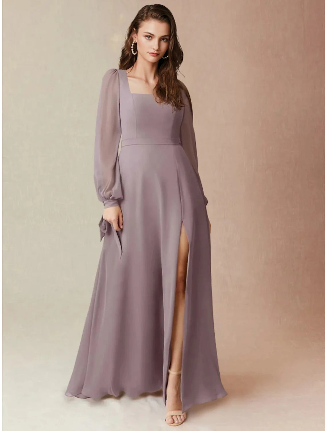 Elegant Women's Evening Garments Big Savings on Rustic Countryside Styles A-Line Bridesmaid Dress Square Neck Long Sleeve Elegant Floor Length Chiffon with Split Front / Ruching