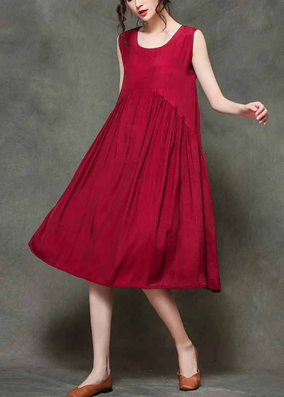 Women's Sporty Chic Clothes Casual Weekend Relaxed Style Casual Wine Red O-Neck Wrinkled Long Dresses Sleeveless