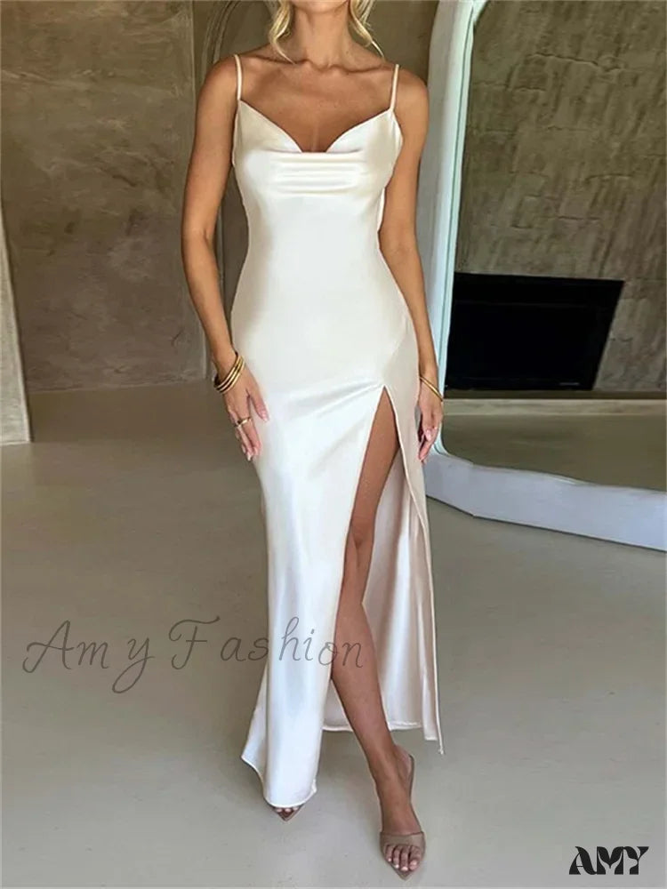 Affordable Women's Outfit Flash Sale Amy Fashion - Elegant Women Satin V-neck Low Cut  Spaghetti Strap Backless Ruched High Split Party Female Vestidos