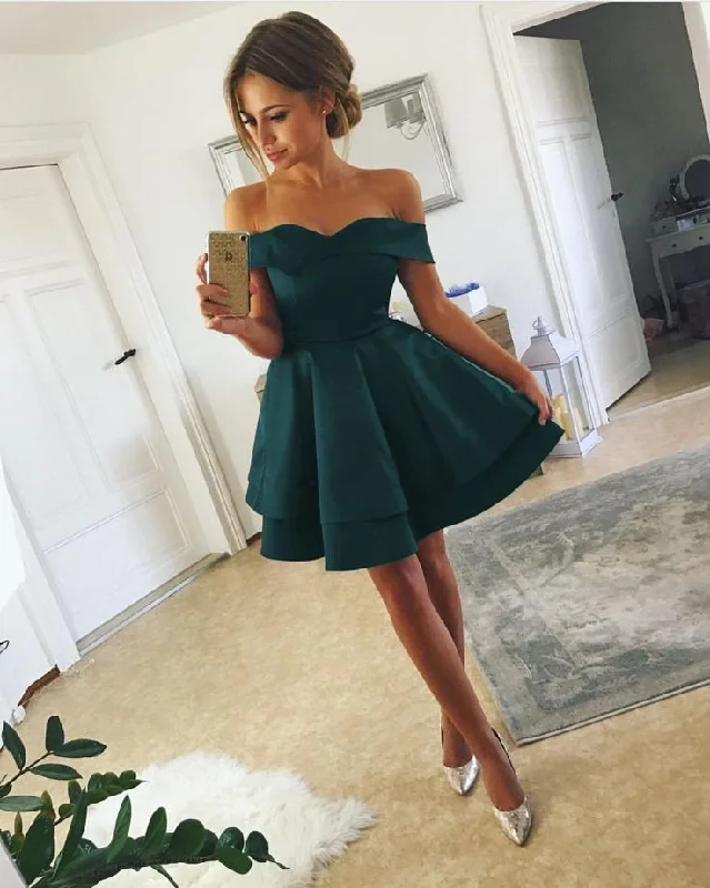 Women's Clothing For Outdoor Events Sophisticated Cut Short Satin Bridesmaid Dresses Off The Shoulder Homecoming Dresses      S3229