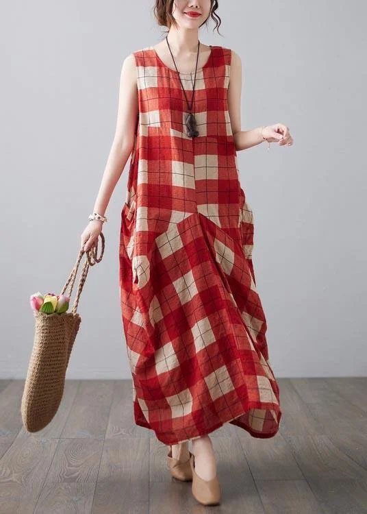 Women's Athletic Clothes Flash Deals Natural Red Plaid Sleeveless Pockets Summer Dress