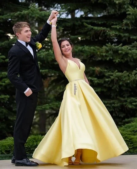 Women's Outfit For The Office Feminine Soft - Hued Styles Yellow v neck satin long prom dress, simple evening dress cg3442