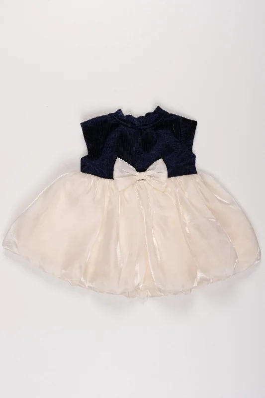 Women's Vacation Outfit Feminine Grace Navy Blue Organza and Cream Tulle Party Dress with Satin Bow for Girls