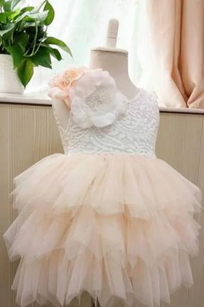 Women's Fashion Clothes Limited Quantities Knee Length Tulle Backless Scoop Sleeveless Tiered Flower Girl Dresses with Flowers