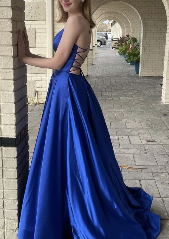 Fashionable Women's Casual Apparel Elegant Contour Women Spaghetti Straps Prom Dress Long Royal Blue Evening Gowns Open Back Formal Party Dress YPD784