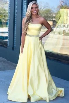 Women's Transitional Garments Now on Sale for Chic Urban Styles Elegant Yellow Prom Dress with Strapless, Elegant Satin Long Formal Evening Dress  cg6655