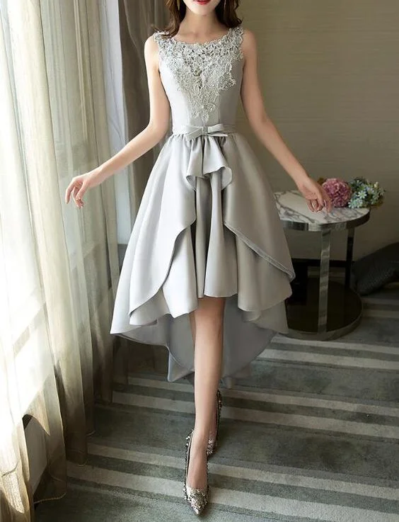 Casual Attire For Women Casual Weekend Relaxed Style Grey Satin and Lace High Low Party Dress, Round Neckline Charming Formal Dress, Prom Dress 2019 cg2448