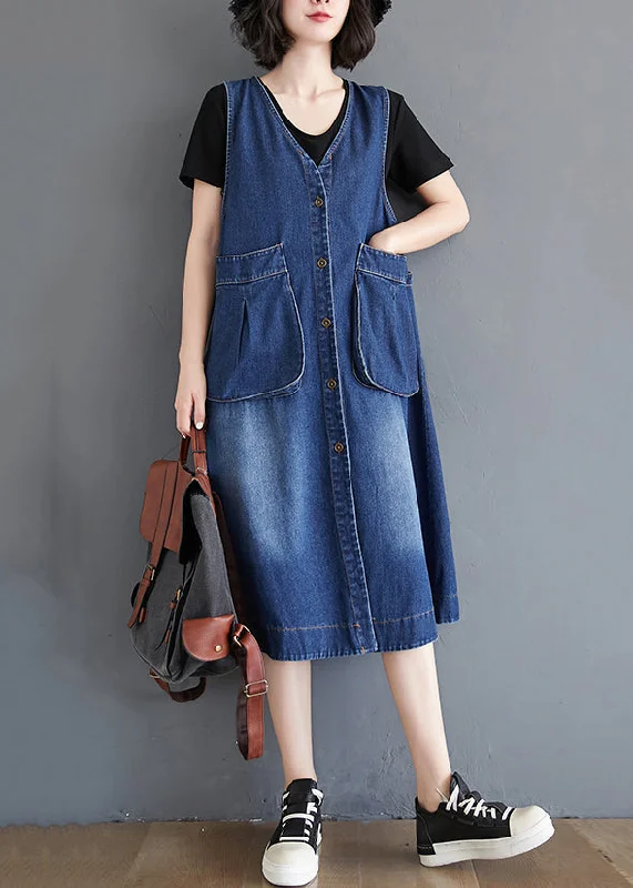 Women's Active Clothing Score Big on Glamorous Red - Carpet Styles Loose Blue V Neck Pockets Patchwork Denim Waistcoat Dress Sleeveless