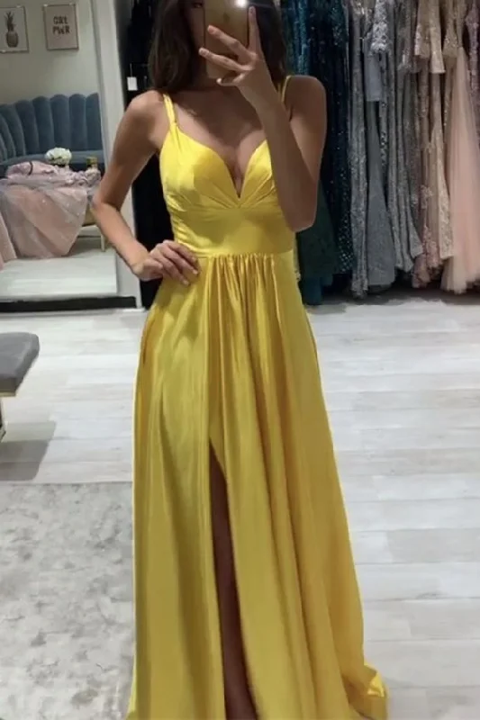 Women's Party Outfit Cottagecore Rustic Charm Style long yellow gold prom dress simple satin split evening gown cg3882