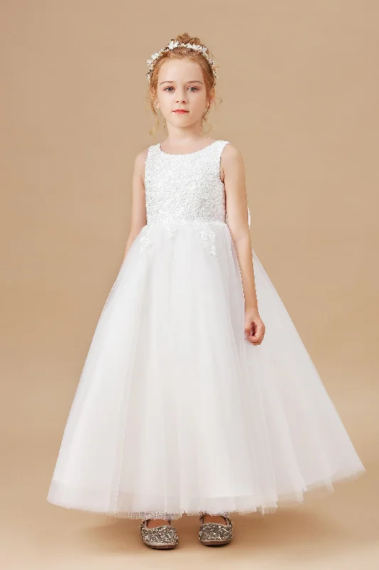 Affordable Women's Clothing Classic Charm Lovely Sleeveless Applique Tulle Flower Girl Dresses With Bownot