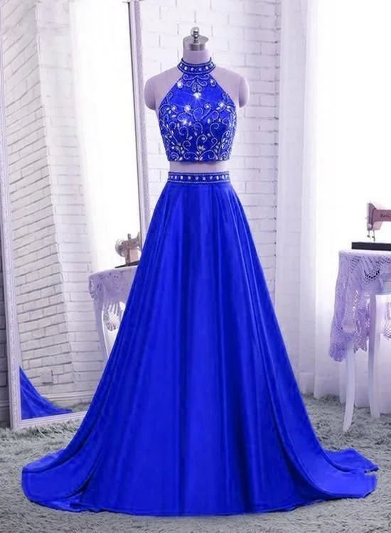 Women's Athletic Outfit Chic Allure Royal Blue Two Piece Satin Party Dress, Blue Formal prom Dress, Evening Gowns  cg6663