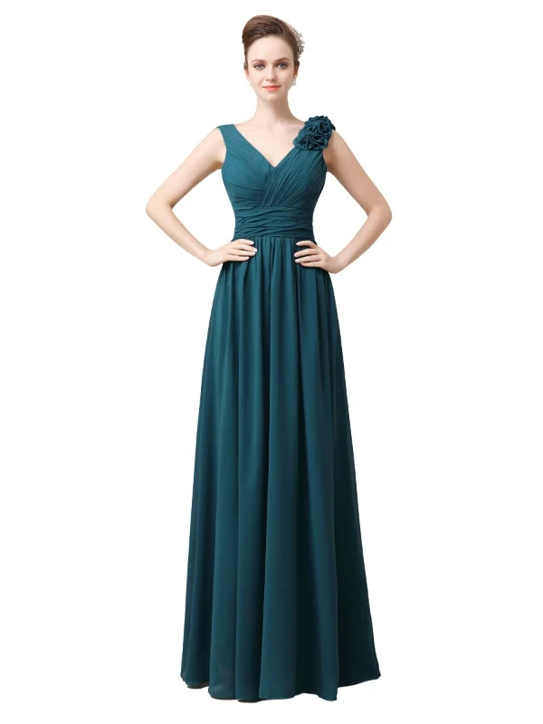 Women's High-Fashion Garments Limited - Stock Elegant V-neck Flower A-line Floor-Length Long Bridesmaid Dresses