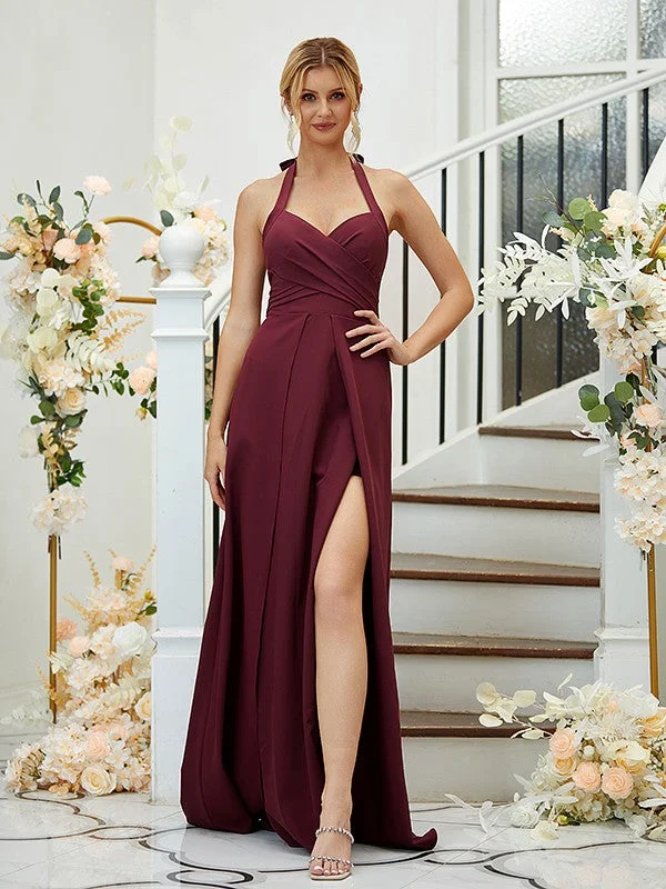 Women's Work Outfit Vintage Retro Party Wear A-Line/Princess Stretch Crepe Ruched Halter Sleeveless Floor-Length Bridesmaid Dresses