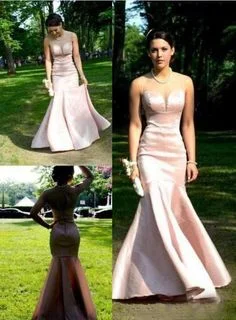 Women's Elegant Garments Flash Sale Glamorous Pink Sheer Neck Mermaid/Trumpet Satin Prom Dresses  cg6724