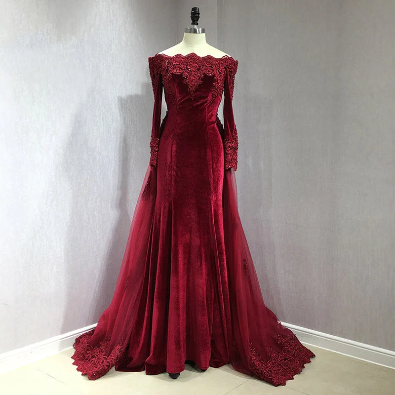 Women's Transitional Clothes Feminine Soft - Hued Styles Burgundy Long Sleeves Women Velvet Prom Dresses Arabic Lace Mermaid Evening Long Gown with Removable Train