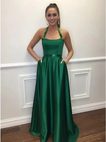 Women's Formal Event Outfit Buy More, Save More A-Line Halter Floor-Length Green Satin Prom Dress with Pockets cg3453