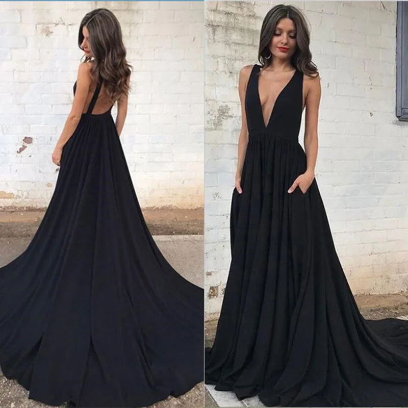 Classic Women's Clothing Styles Mid - Season Sale black deep v neck long formal gown women evening dresses