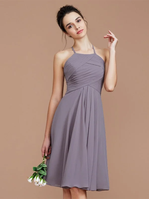 Women's Elegant Clothes Minimalist Office - Ready Style A-Line/Princess Halter Sleeveless Ruched Short/Mini Chiffon Bridesmaid Dresses