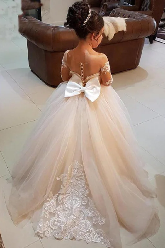 Women's High-Fashion Clothes Limited - Stock Gorgeous Long Sleeveless Appliqued Tulle Long Flower Girl Dresses with Bow F038