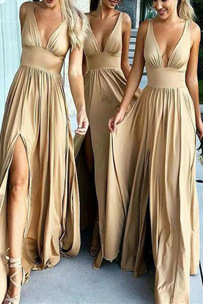 Women's Outerwear Attire Limited Quantities Elegant A-Line V-Neck Elastic Satin Backless Ruffles Sleeveless Bridesmaid Dress with Split