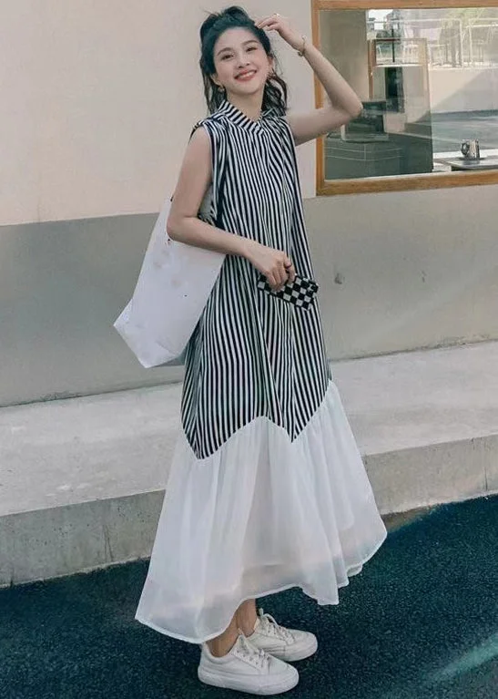 Women's Clothes For The Office Effortless Sophistication French Striped Stand Collar Patchwork Chiffon Dresses Sleeveless