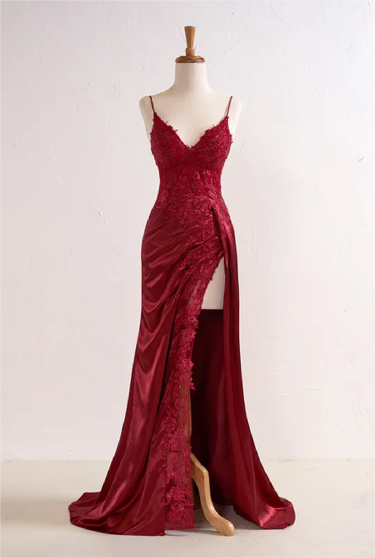 Women's Fashionable Clothing Sets Buy More, Save More Women High Side Slit Prom Dress Long Burgundy Appliques Evening Gowns Spaghetti Straps Formal Party Dress YPD744