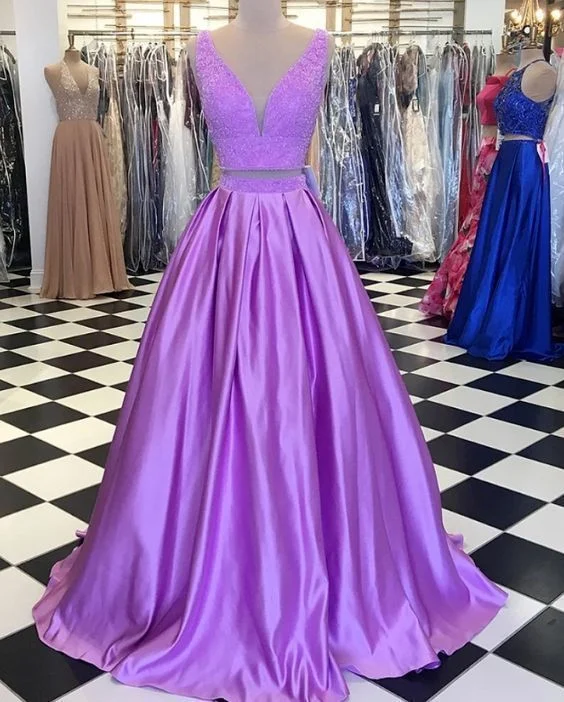 Women's Office Clothing Final Clearance Lilac Two Piece V Neck Sleeveless Beaded A Line Satin Prom Dresses  cg8411