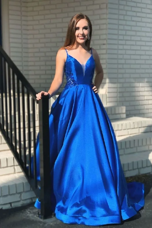 Women's Professional Outfit Weekend Special Blue v neck satin long prom dress blue evening dress   cg14711