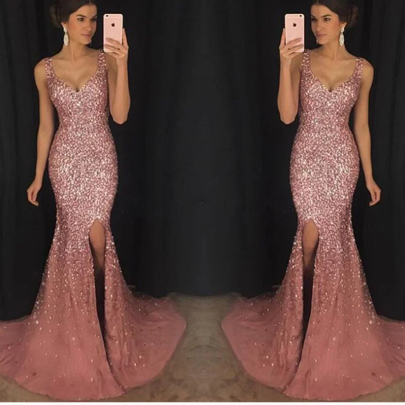 Women's Formal Event Clothing Flash Sale LP3069 Sexy Split Mermaid Prom Dresses 2019 Heavy Beaded Crystal Long Formal Evening Gowns abendkleider