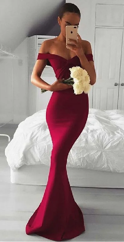 Women's Activewear Apparel Chic Allure Mermaid Off-the-Shoulder Sweep Train Burgundy Satin Prom Dress  cg6241