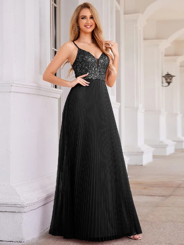 Timeless Women's Garments Now on Sale for Chic Urban Styles High-Waist V-Neck Sequined Bodice Sleeveless Backless Formal Evening Dress