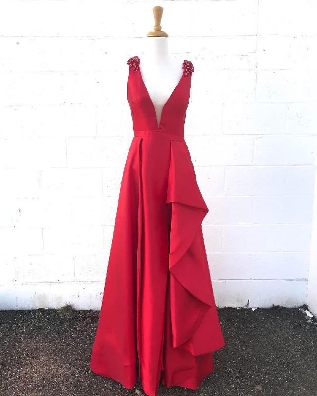 Charming Women's Holiday Apparel Hollywood Glam Award - Show Style Charming V neck Red Satin Evening Dress, A Line Floor Length Prom Dress  cg5983