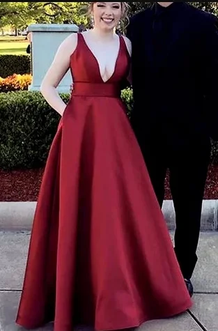 Women's Clothing Grab Romantic Date - Night Styles Now Burgundy Deep V Neck Satin Long Prom Dress, Floor Length Formal Evening Gown cg4959