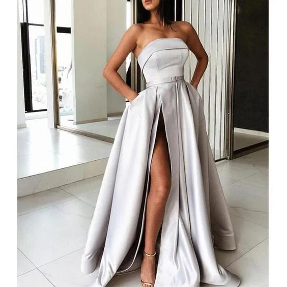 Modern Women's Attire Discounts on Casual Weekend Styles Light Grey Satin Strapless Pockets Fashion Prom Dresses cg1570