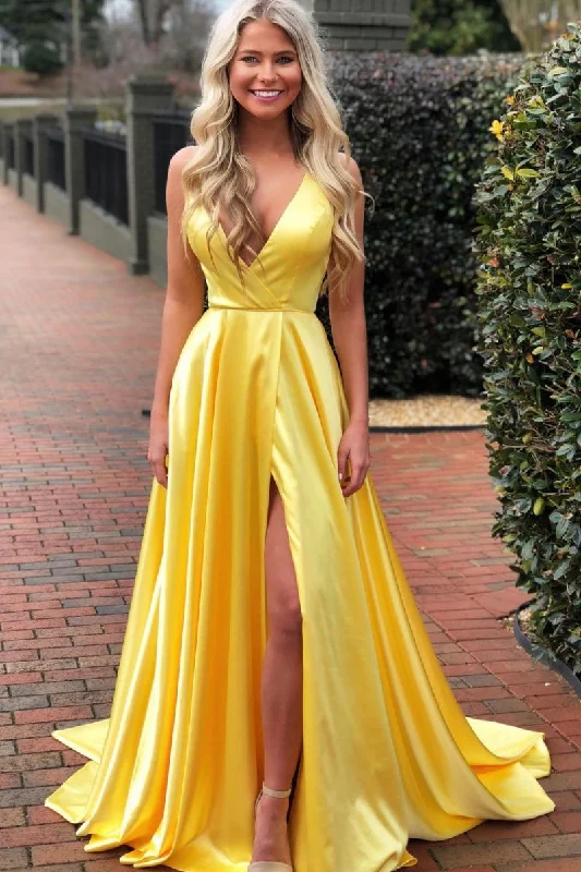 Women's Office Clothing Classic Charm Simple yellow satin long prom dress yellow formal dress   cg14975